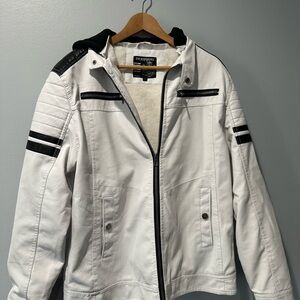 The Repurposed White Faux Leather Hooded Jacket with Black Accents